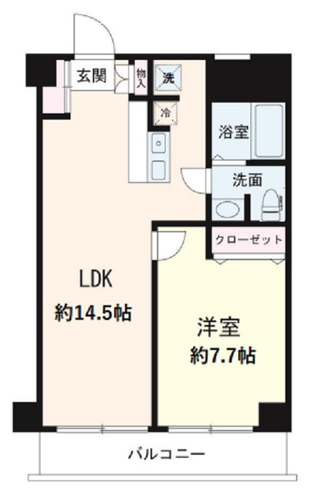 大森山王濱栖鳳の間取り|南東向きバルコニーの1LDK