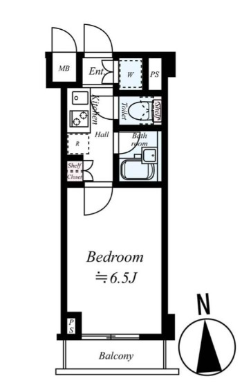 ルーブル東蒲田参番館の間取り|南向きバルコニーの1K洋室6.5帖バストイレ別