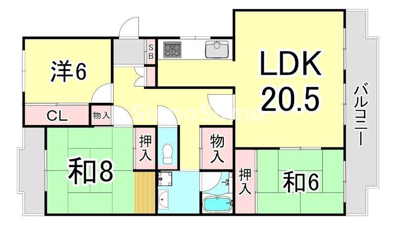 西宮市花園町の賃貸マンションの間取り