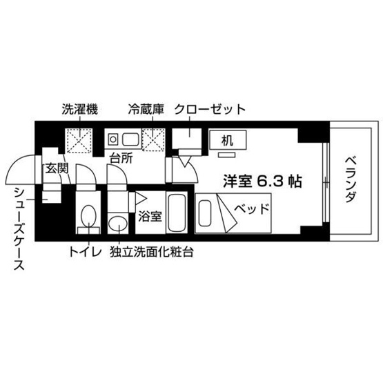 【間取り】 | エスリードカレッジゲート南草津 | 洋室6.3帖の1Kです