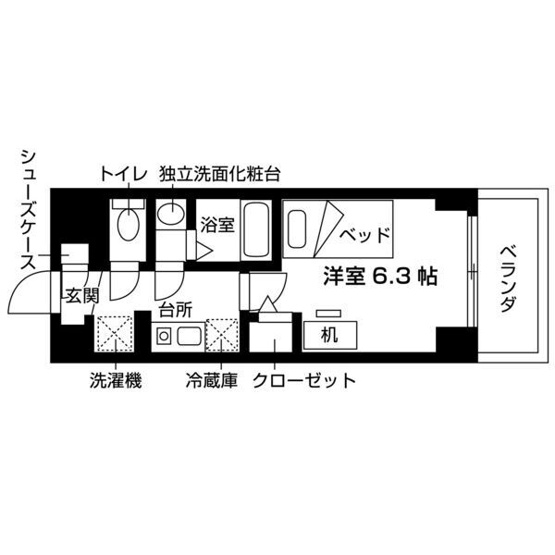 【間取り】 | エスリードカレッジゲート南草津 | 洋室6.3帖の1Kです