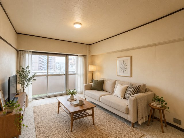 八戸ノ里グランドマンションB棟の居間・リビング|大きな窓から自然光を取り込める明るい洋室。壁面が広く、ベッドやデスク、収納家具などを配置しやすいため