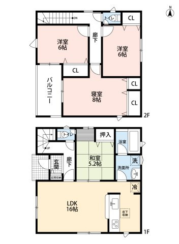 小牧市大字本庄字郷浦　新築戸建　1号棟の間取り|人気のカウンターキッチン。LDK16帖＋和室5.2帖のゆとりの空間♪
各部屋に収納スペースあり。インナーバルコニー。