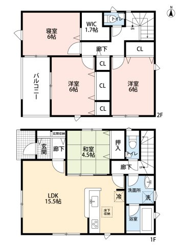小牧市大字本庄字郷浦　新築戸建　３号棟の間取り|LDK15.5帖＋和室4.5帖のゆとりの空間♪
ウォークインクローゼットあり。インナーバルコニー。