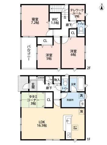 小牧市大字本庄字郷浦　新築戸建　2号棟の間取り|LDK16.5帖＋3帖タタミコーナーでゆとりの空間♪２帖のテレワークコーナーあり。
ウォークインクローゼットあり。インナーバルコニー。