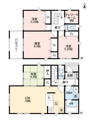 小牧市大字本庄字郷浦　新築戸建　4号棟の間取り|LDK16帖＋和室4.5帖のゆとりの空間♪
２帖のテレワークルームあり。インナーバルコニー。