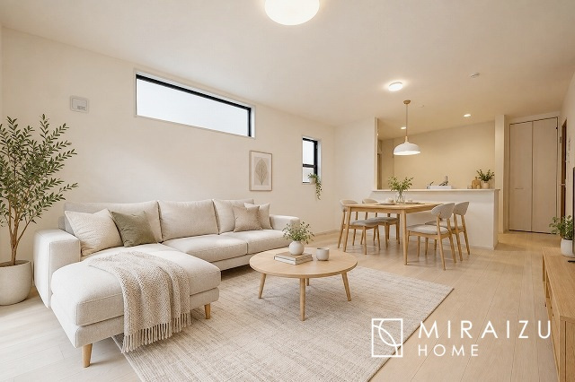 【居間・リビング】 | 陽当たりが心地の良いリビング空間です。日中はカーテンを開けて自然な光を取り込みリラックスして過ごしたいですね、照明器具もセンスの良いものを使いたいですね。