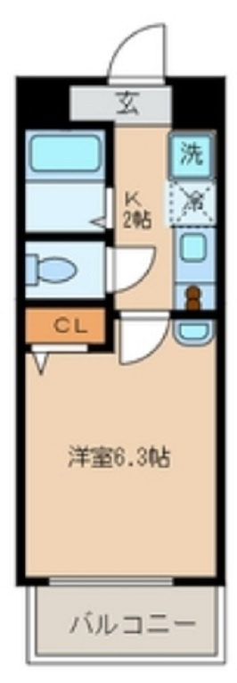 サンセールクールの間取り|間取り　東向きバルコニー洋室6.67帖　お部屋の入口に洗面台のあるちょっと変わった1Kバストイレ別