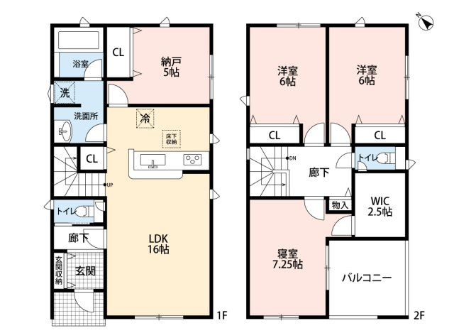 小牧市大字本庄字郷浦　新築戸建　７号棟の間取り|南東側道路・陽当たり良好。リビング階段です。
ウォークインクローゼットあり。インナーバルコニー。