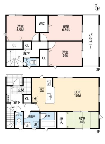 小牧市大字本庄字郷浦　新築戸建　１１号棟の間取り|LDK16帖＋和室4帖の続き間でゆとりの空間♪
ウォークインクローゼットあり。　インナーバルコニー。