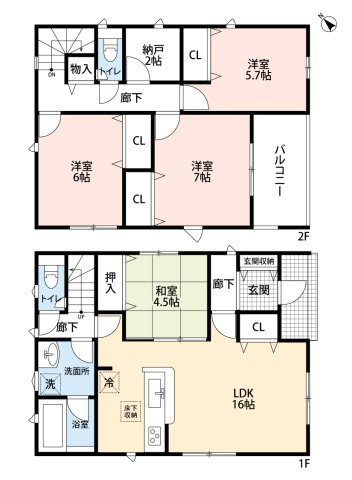 小牧市大字本庄字郷浦　新築戸建　１２号棟の間取り|LDK16帖＋和室4.5帖の続き間でゆとりの空間♪
納戸２帖あり。　インナーバルコニー。
