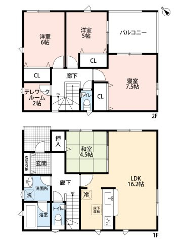 小牧市大字本庄字郷浦　新築戸建　１４号棟の間取り|LDK16.2徐＋和室4.5帖の続き間でゆとりの空間。
インナーバルコニー。３方道路の角地！