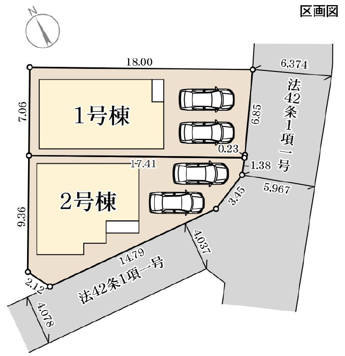 リーブルガーデン読谷村瀬名波・１号棟の区画図|区画図／接道状況：南東側5.9ｍ村道、南西側4ｍ村道