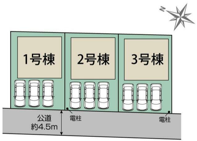 ブルーミングガーデン　狭山市大字水野全３棟１期３号棟の区画図|前面道路は約4.5ｍあり、お車の出し入れもスムーズ。カースペース並列３台分（車種による）完備。ご家族の自転車置き場としてもお使いいただけます。