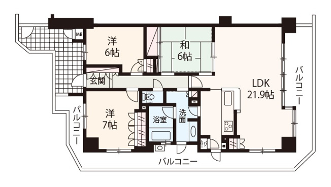 【間取り】 | ルネ白鷺 | 三面引回しバルコニー付き角部屋。全居室6帖以上+収納付きの大型3LDK！独立性＆プライバシー性の高い専用ポーチ有。