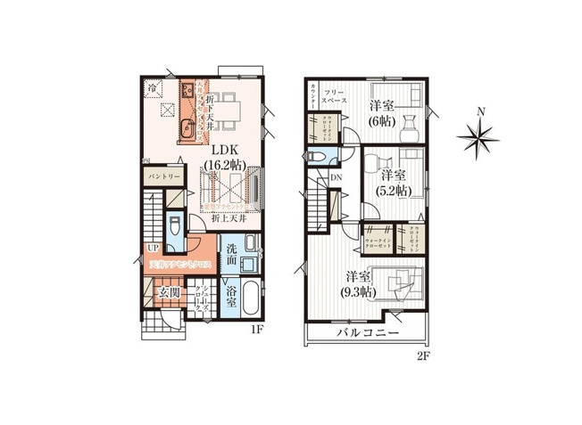 【間取り】 | 新座市野火止8丁目　新築一戸建住宅　全17棟　(丸井志木店) | 9.3帖の広々とした洋室は、ゆったりとくつろげる主寝室にぴったり。LDKにはパントリーを備え、キッチン周りをすっきり整理できます。
