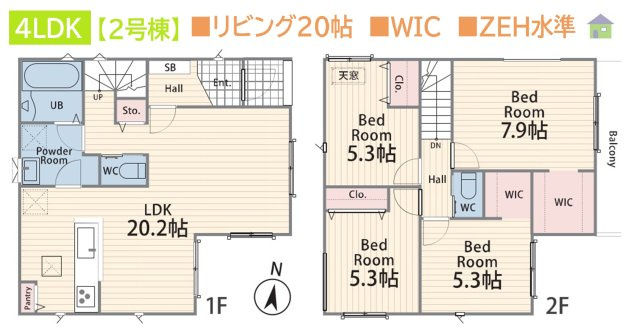 厚木市妻田西2丁目2期　全3棟　2号棟の間取り|ご家族との会話の機会が自然と増える「リビングイン階段」設計☆
広々WICには季節物や小物がたっぷり収納できますよ♪
