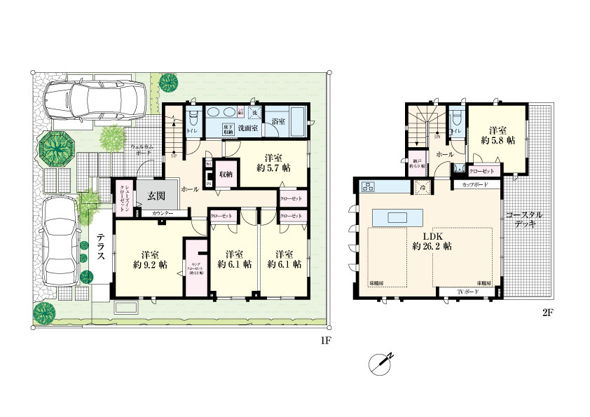 広々154㎡の建物。1階12.2帖の洋室は、間仕切壁一つで５LDKに間取り変更可能