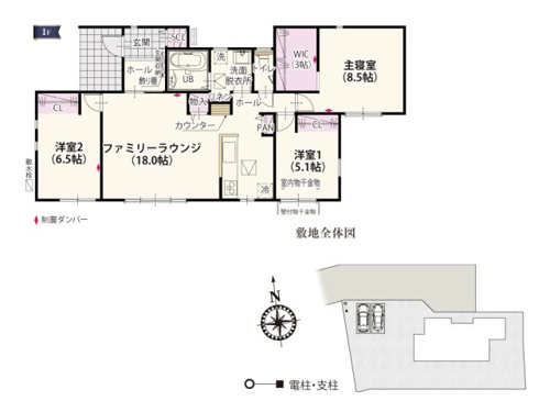 【間取り】 | 18帖の開放的なLDKは南側の4枚ガラスから自然光が差し込み明るく暖かい空間をつくります♪窓の中央を広く開ければ出入りしやすくBBQの時など移動がラクラクです！
