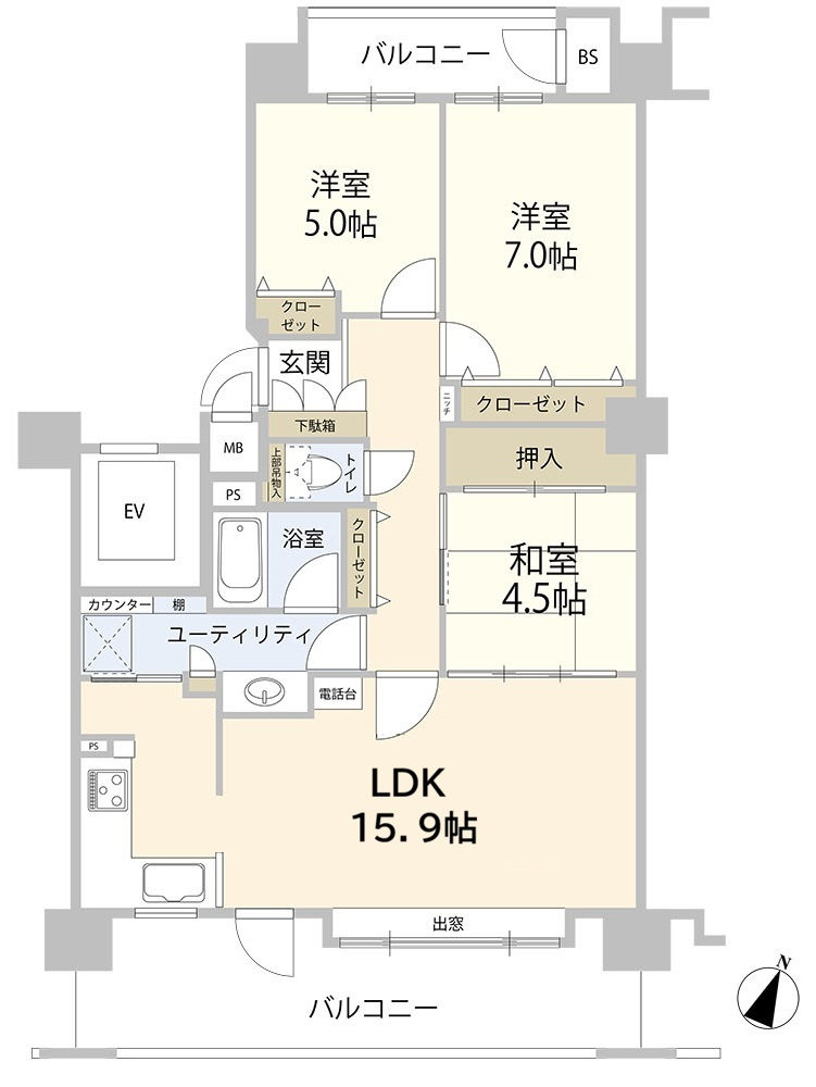 ラピス手稲ステーションタワーの間取り|南向きの３LDK