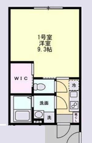 キバナガーデンの間取り|洋室9.3帖ウォークインクローゼット付の1K
バストイレ別独立洗面台！