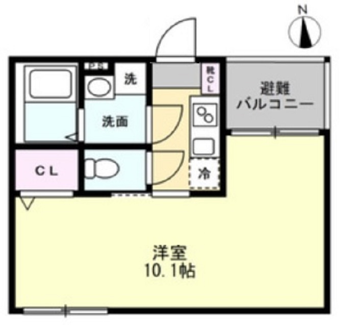 キバナガーデンの間取り|南と北の2面採光！左右に隣接するお部屋なし！上下のみ！
洋室10.1帖の1Kバストイレ別独立洗面台！