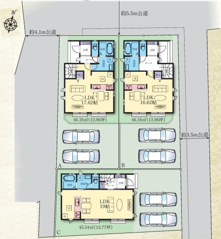 相模原市南区新戸2167番　新築全3棟の区画図|全棟車並列2台駐車可能！
