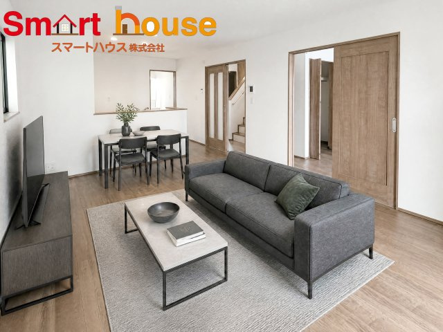 相模原市南区御園5丁目　新築全5棟の居間・リビング|家族がゆったり寛げるリビング空間♪家具等はAIによるCGイメージで、実際の物件には設置されておらず、販売価格にも含まれません。