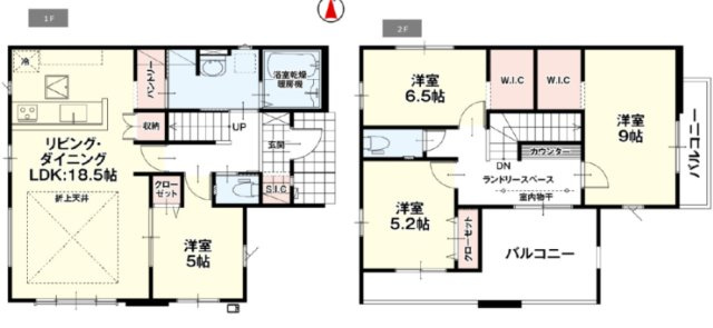 新築戸建　高崎市町屋町1期　の間取り|LDK18.5帖の開放的な空間に加え、WICやパントリーなど収納充実！室内物干しスペースもあり家事動線も快適です。