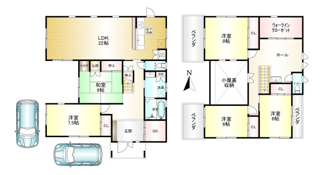 大和高田市大谷の間取り|5LDK　土地面積：201.47㎡　建物面積：157.74㎡　駐車スペース2台