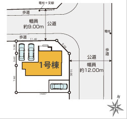 八王子市北野台36期の区画図|前面道路の幅員が約9.0ｍと約12.0ｍある開放的な角地です。日当たりや風通しに優れ、車の出入りやすれ違いもスムーズに行えます。周囲の視線を気にせずゆったり過ごせる魅力的な敷地環境です。