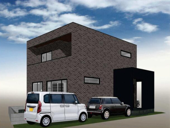 「1階にWIC付き」香南市野市町大谷　新築一戸建ての外観パース|存在感のある玄関まわりがアクセント。駐車スペースと建物の配置を確認できる外観イメージです。※完成予想図。車は配置例です。