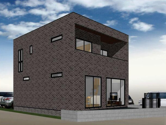 「1階にWIC付き」香南市野市町大谷　新築一戸建ての外観パース|大きな窓からこぼれる光が、住まいを温かく演出。照明が映える外観デザインです。※外構等を含むイメージです。