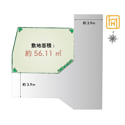 宝塚市口谷西3丁目建築条件付売土地の土地図|敷地面積約56.11㎡の南東角地。東側・南側ともに幅員約3.9ｍの道路に面し、二方向に開けた敷地です。