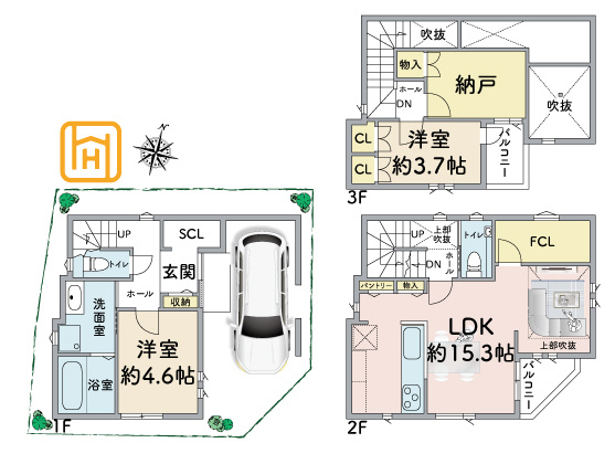 宝塚市口谷西3丁目建築条件付売土地の土地図＋建物プラン例|【建物プラン例】建物価格2300万円。約15.3帖の2階LDKは上部に吹抜けを設けた開放的な空間。キッチン近くにはファミリークローゼットを備え、収納にも配慮した3LDKの間取りです。家族を想う住まい。
