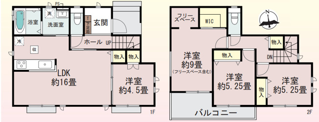 【間取り】 | 佐波郡玉村町上新田　新築住宅 | 全居室南向き！収納たっぷりの4LDK。
水回り集中設計で家事動線のよい間取りです♪