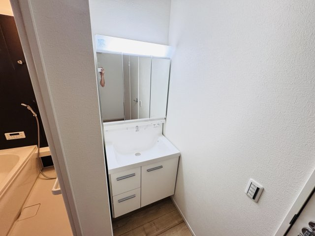 柏市光ケ丘２丁目新築戸建【酒井根東小学校：9分】の独立洗面台|シャワーヘッド付き三面鏡洗面化粧台