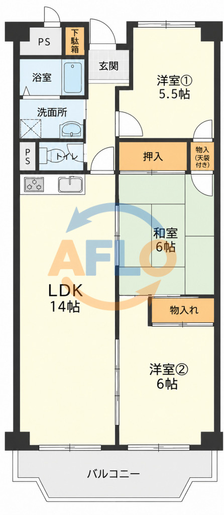 ローレルハイツ北天満2号棟　菅北小学校区の間取り|ローレルハイツ北天満2号棟　開放感ある間取り