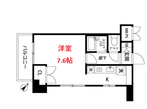 【間取り】 | ルーブル⻄五反田 | 洋室7.6帖　K2.4帖です