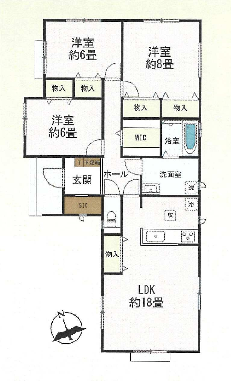新築　高崎市倉賀野町124番　Heartful　Town　A号棟の間取り|建物面積95.23㎡　広々18帖のLDK・全居室6帖以上の平屋のお家♪シューズインクローク・ウォークインクローゼット・各部屋収納付きで便利です！
