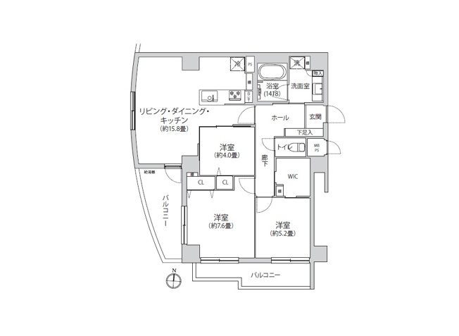 【間取り】 | セント・ジョンズ・ハウス志木　(志木本店) | 南・西向きの角部屋につき、採光と開放感が魅力の3LDK。約15.8帖のLDKに加え、3つの洋室を備えた間取です。大容量のWICや各室収納、可動棚など、住空間をすっきり保てる収納も充実しています。