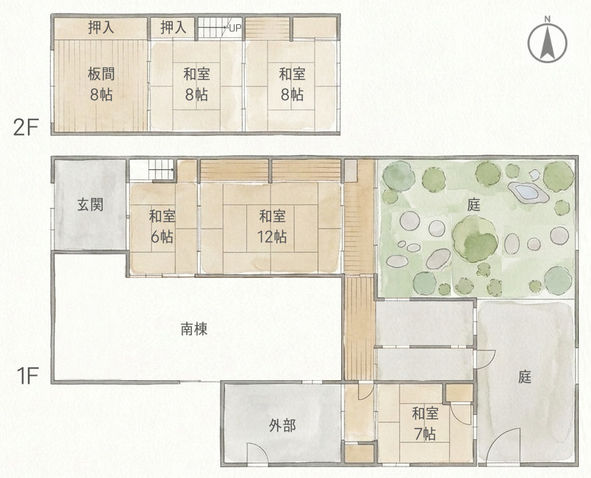 京都駅南 甦りの京町家 庭を愛でる北棟の間取り