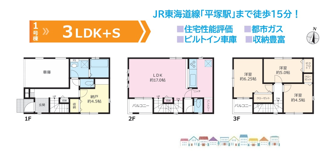 平塚市平塚13期　全2棟　1号棟の間取り|３階建3SLDK◎パントリーなど収納豊富でお片付け楽々☆彡　
お気軽にお問い合わせください。