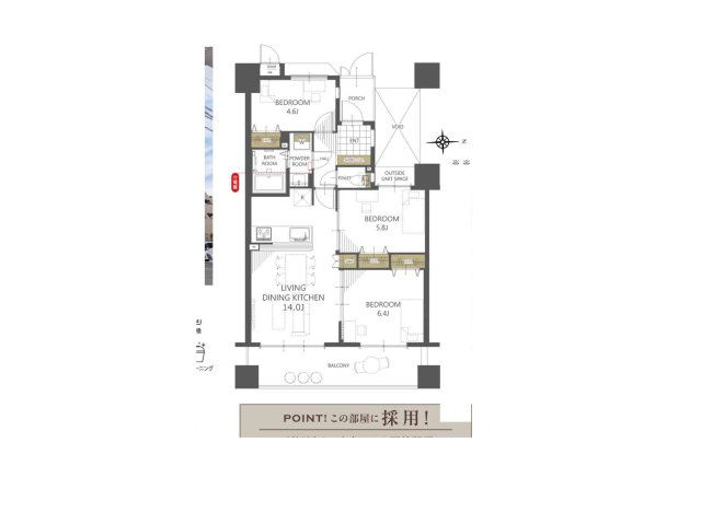 【間取り】 | エクセル本厚木 | 3つの居室とゆとりあるLDKを備えた3LDKの中古マンション。家族が集まるリビングと個室のバランスがよい間取りです。な素材と落ち着いた色合いでまとめた内装が、家族の時間を豊かにします。