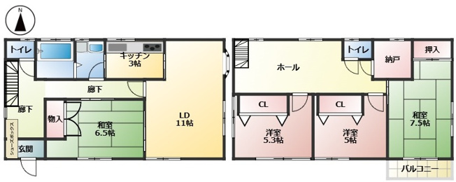 【間取り】 | つくば市上横場　中古戸建 | 和室・洋室を備えたゆとりある間取り。ご家族それぞれの居室や客間、趣味のお部屋など、ライフスタイルに合わせてお使いいただけます。