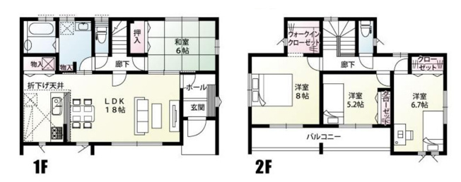 【間取り】 | 伊勢崎市西小保方町　新築住宅 | 折下天井がおしゃれな開放感ある18帖LDKに和室（6帖）が隣接。ウォークインクローゼットや各所物入など豊富な収納を備え、主寝室8帖のゆとりある4LDKです。