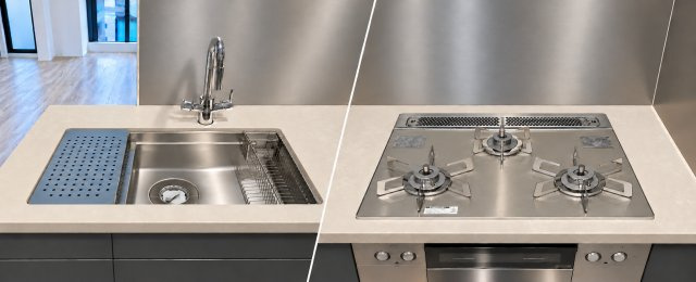 Brillia二番町のキッチン|【水切りも備えたシンクに、3口付コンロでお料理もスムーズに】