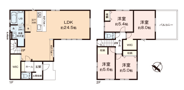 富士見市大字上南畑の新築一戸建の間取り|ウォークインクローゼットやシューズインクロークなど収納たっぷり！
4LDKと部屋数豊富なため、在宅勤務や趣味の部屋などライフスタイルに合わせた使い方ができて◎！