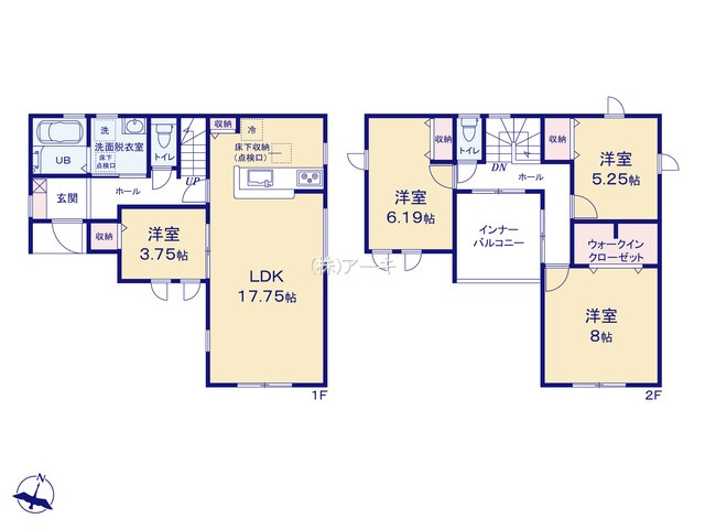 知多郡武豊町字掘割56-20『仲介手数料無料』新築一戸建て・建売の間取り|　1号棟　1F:LDK17.75帖に隣接する洋室3.75帖　CL設置！キッチン収納♪2F:主寝室8帖　WIC設置！洋室6.19帖・洋室5.25帖　CL設置♪南面インナーバルコニー♪