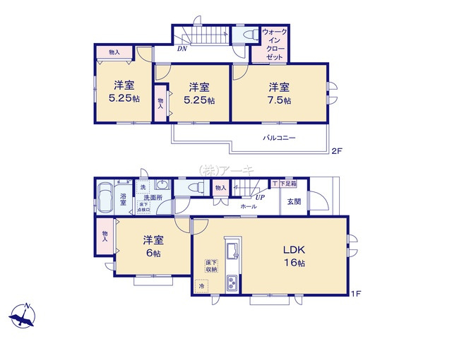 半田市亀崎町8丁目12番『仲介手数料無料』新築一戸建て・建売の間取り|　A号棟　1F:LDK16帖！洋室6帖　CL設置♪ホール収納♪2F:主寝室7.5帖　WIC設置！洋室5.25帖・洋室5.25帖　CL設置♪南面ワイドバルコニー♪